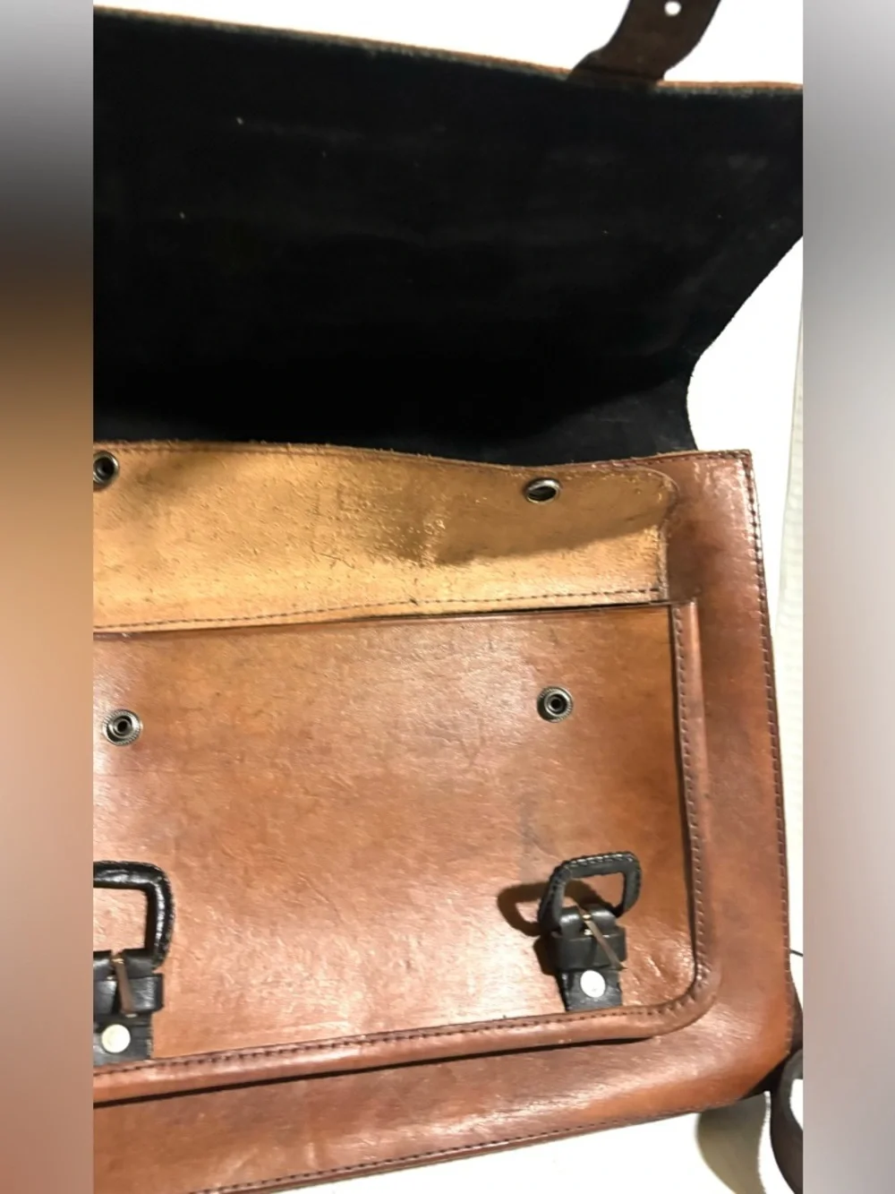 Vintage unisex Brown Leather Messenger Bag with Multicolor Woven Panel
